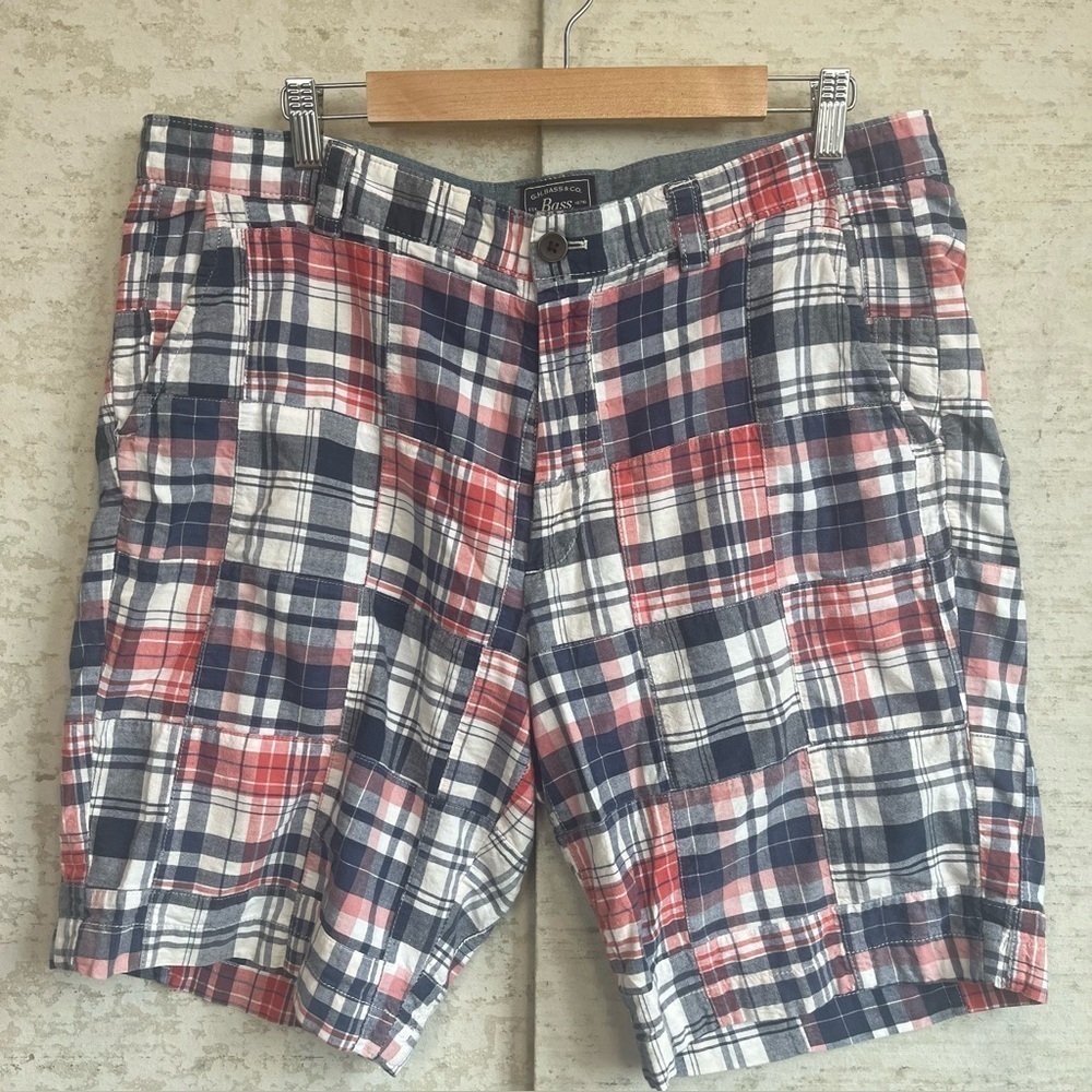 G.H. Bass Patchwork Madrid Plaid Men's Shorts - Red, Blue, White Sz 36 USA Made